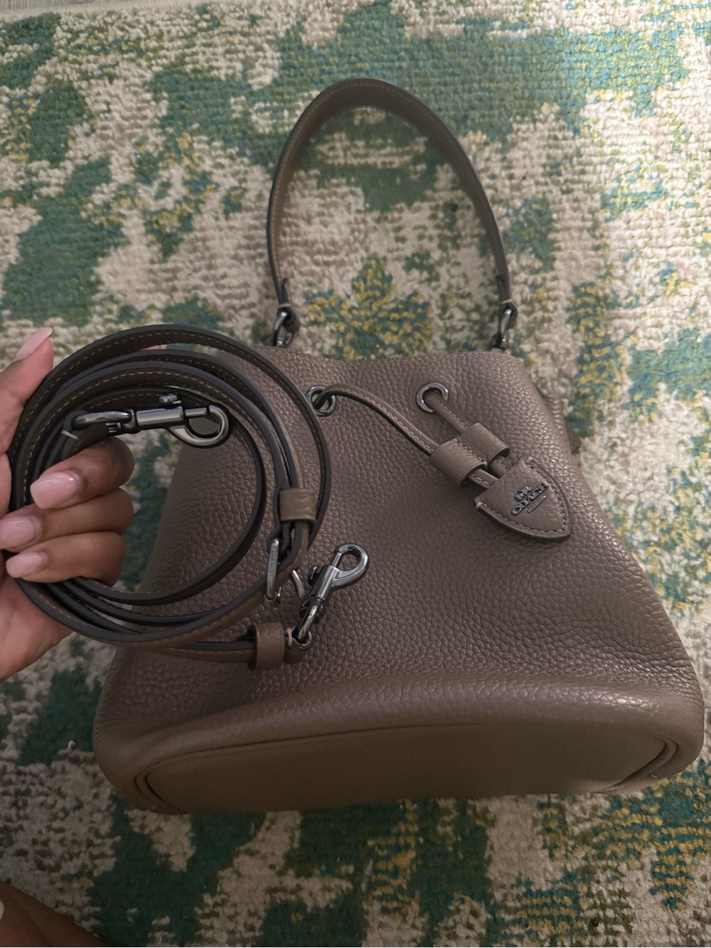Coach Taupe Pebbled Leather Drawstring Dark Stone - Picture 4 of 5